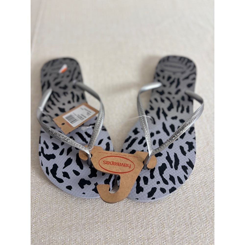 Havaianas Slim Flip Flops 11 / 12 Grey Black Leopard New Metallic Silver Straps